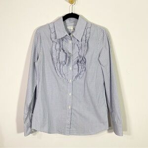 Banana Republic Blue Plaid Ruffle Front Button Down Long Sleeve Shirt